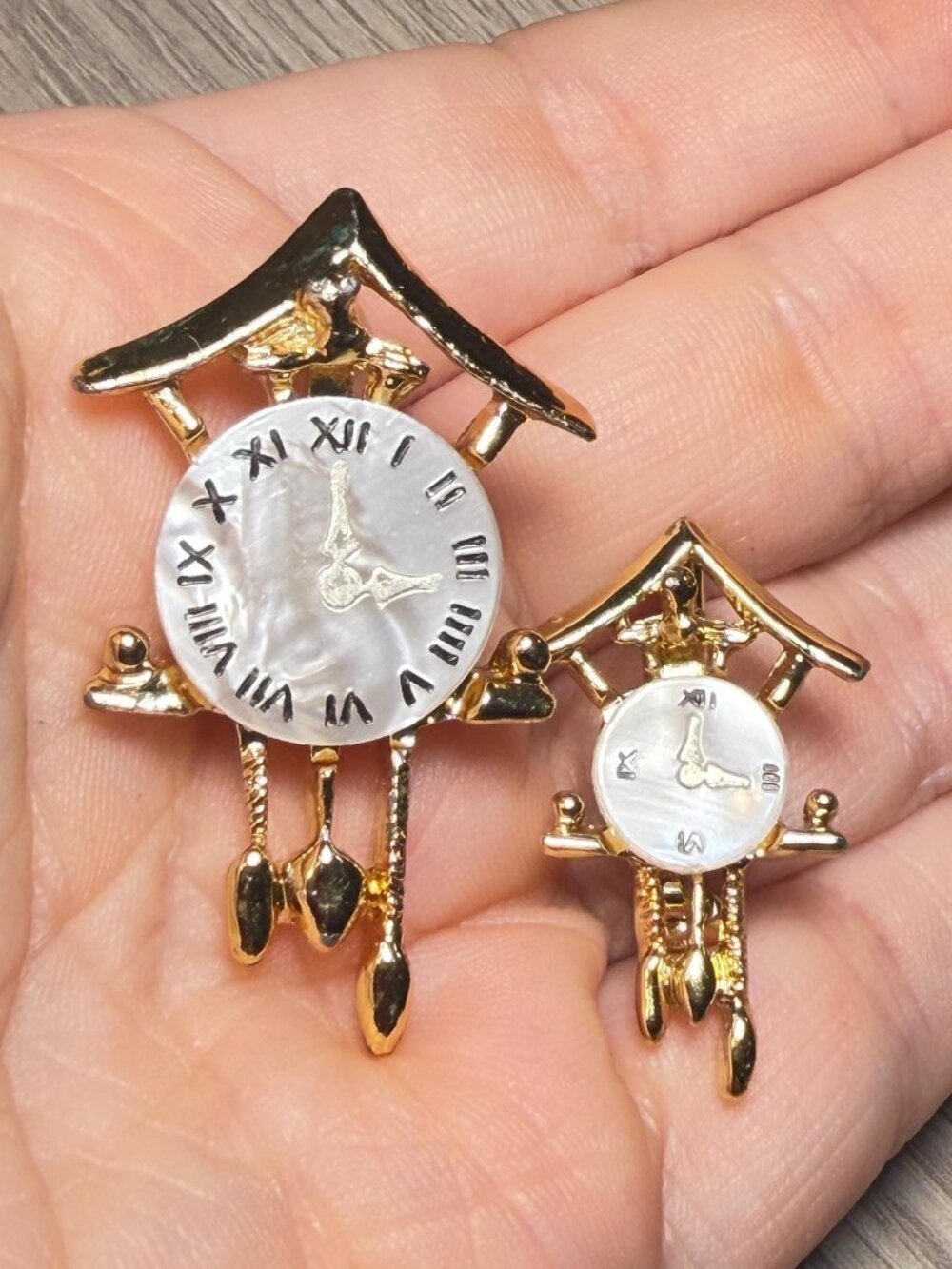 Set of 2 Cuckoo Clock Brooches Mother of Pearl Style Gold Tone Pins